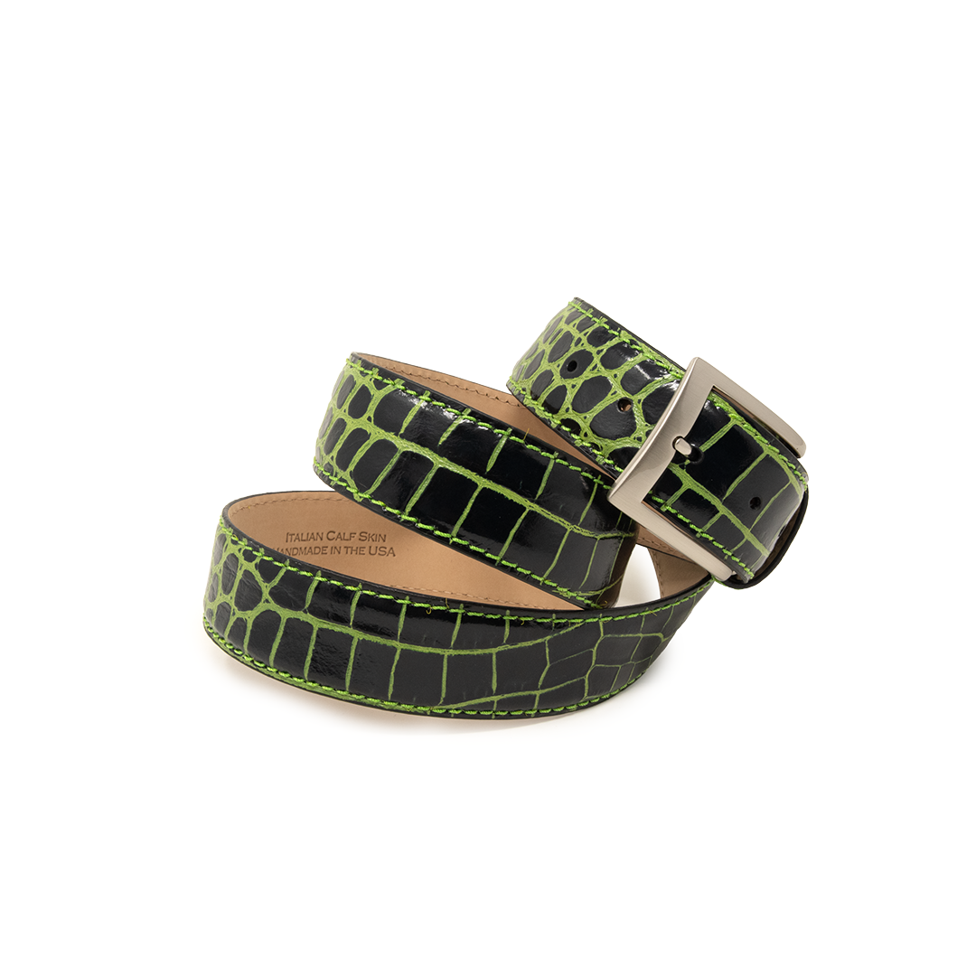 Two-Toned Mock Croc Belt - Black & Lime