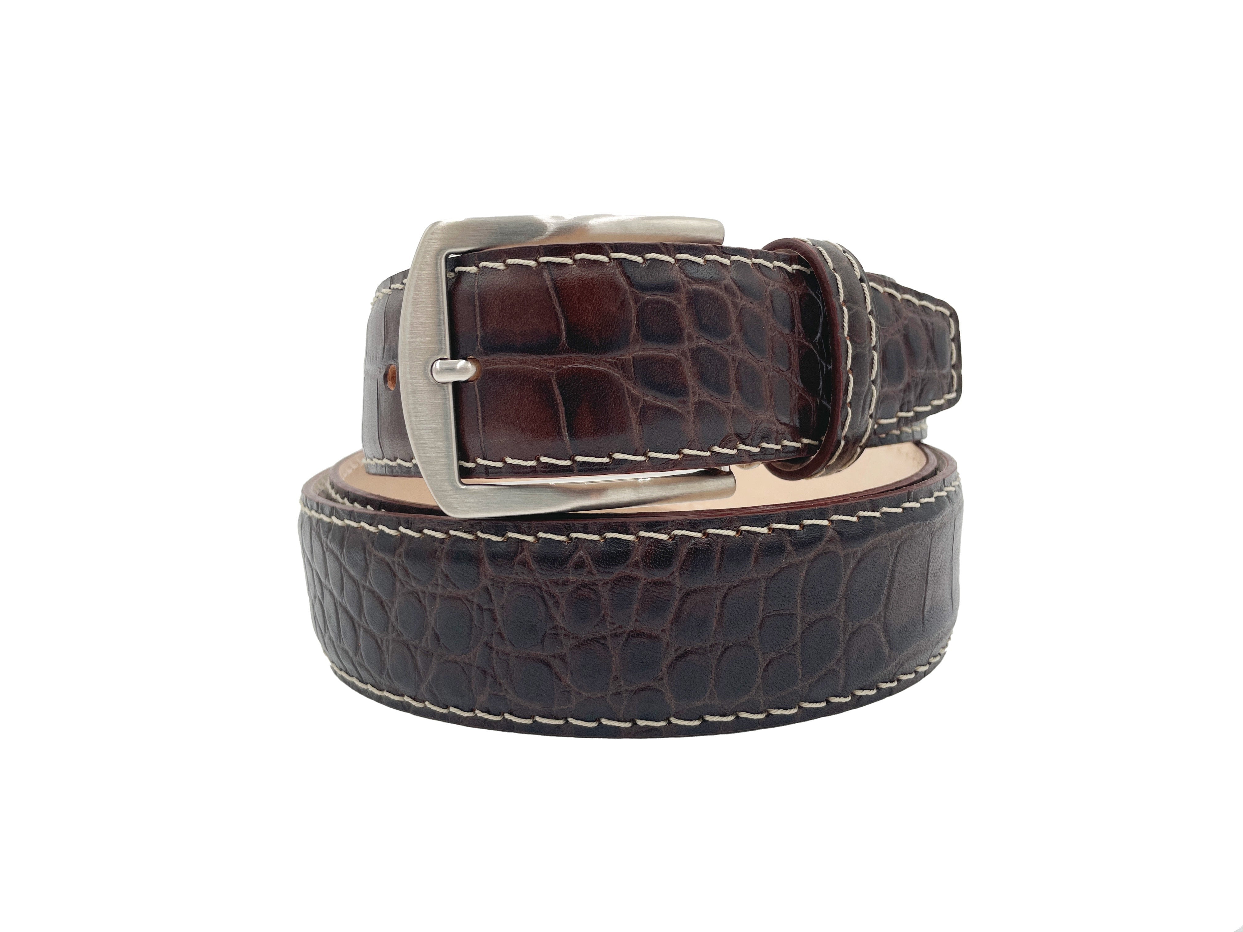 Bi-Color Faux Crocodile Embossed Calfskin Belt in Brown and Blue