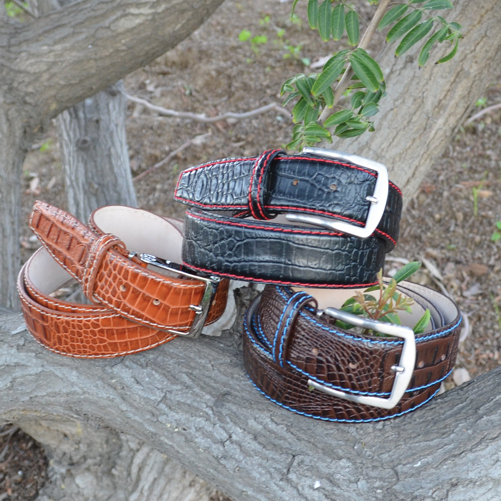 Bi-Color Faux Crocodile Embossed Calfskin Belt in Brown and Blue