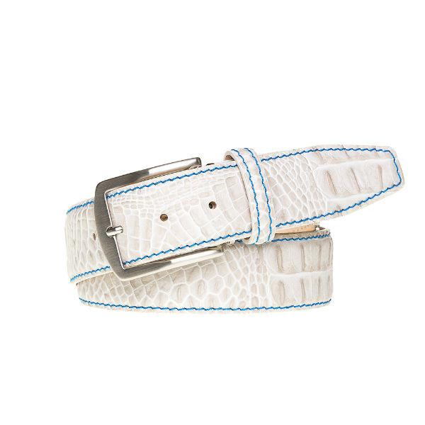 Antique Snow Crocodile Belt with Cobalt Stitch